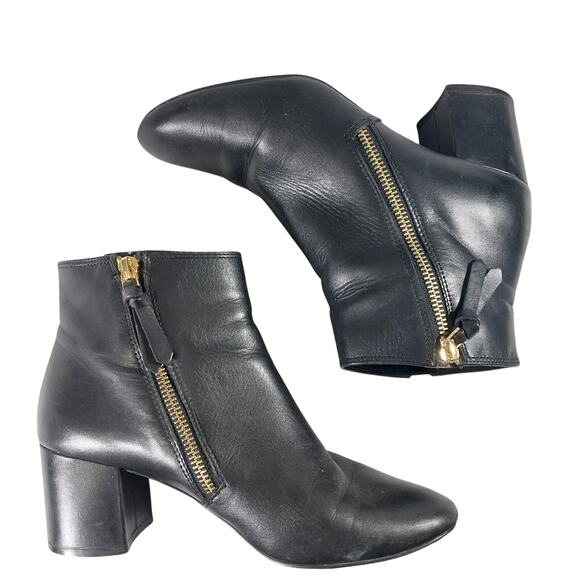 COLE HAAN! BLACK GENUINE LEATHER CHUNKY HEEL, DOUBLE ZIPPER ANKLE BOOTS! SZ 6.5B - Picture 8 of 11